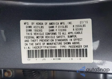 2015 Honda Accord Ex из США, поврежденный, VIN 1HGCR2F77FA235440